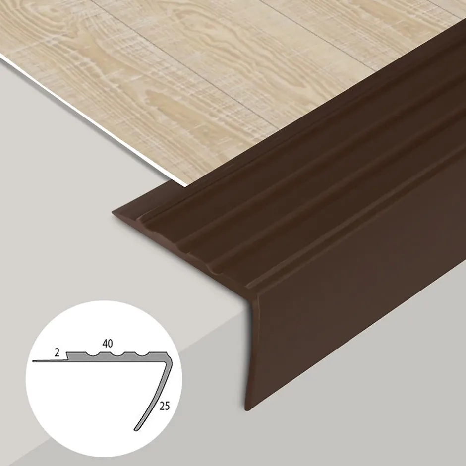 Seuil d'escalier Toronto PVC Montage avec ou sans perçage 40 x 25 mm Marron Longueur: 120 cm-Floordirekt Clearance