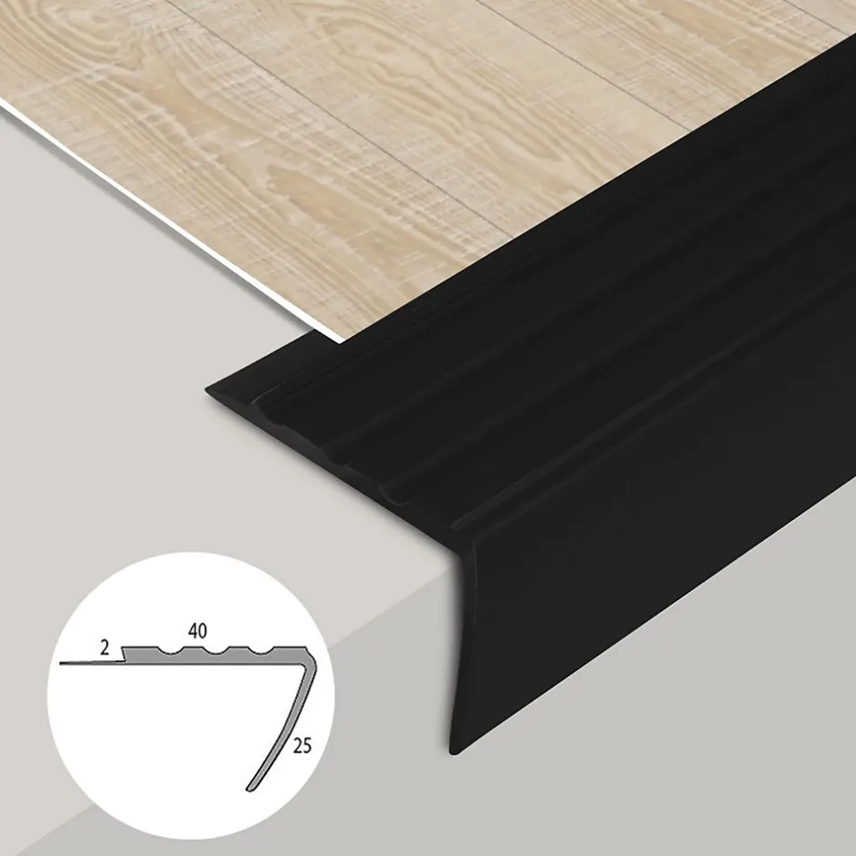 Floordirekt Seuil d'escalier Toronto PVC Montage avec ou sans perçage 40 x 25 mm Noir Longueur: 100 cm