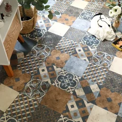 Tarkett Sol PVC - Carreaux Art Déco - Marron et Bleu Gris - Rouleau de 4m x 2m