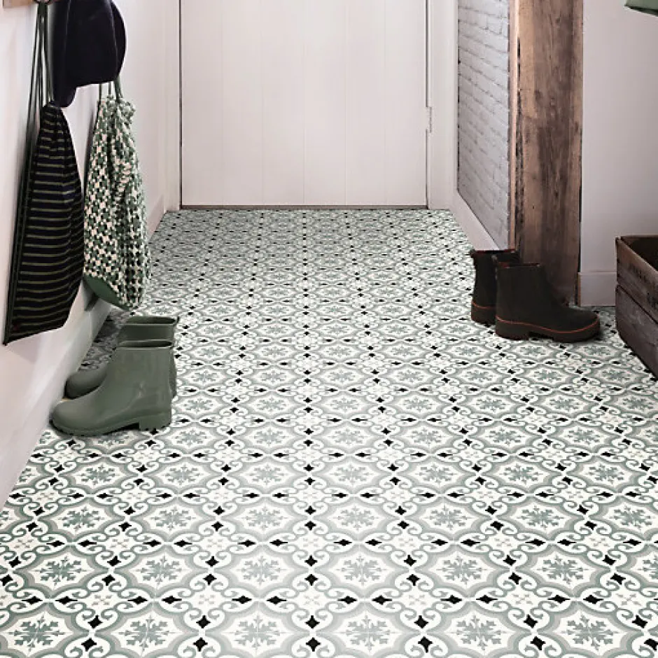 Sol PVC Textile - Effet carreaux de ciment Gris - Rouleau de 4m x 2m-Décoweb Discount