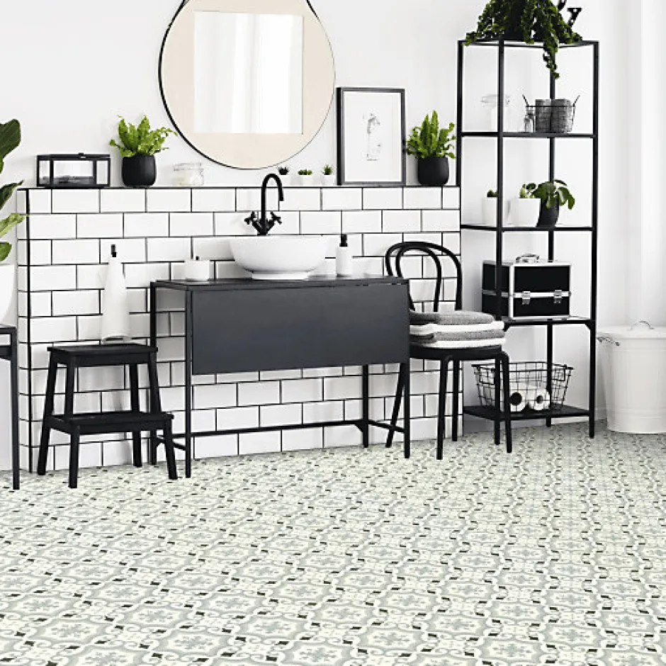 Sol PVC Textile - Effet carreaux de ciment Gris - Rouleau de 4m x 2m-Décoweb Discount