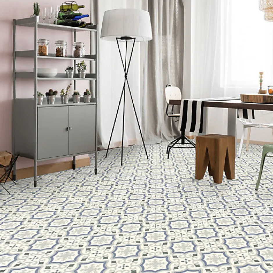 Décoweb Sol PVC Textile motif carreaux de ciment Bleu et gris - Rouleau de 4m x 4m