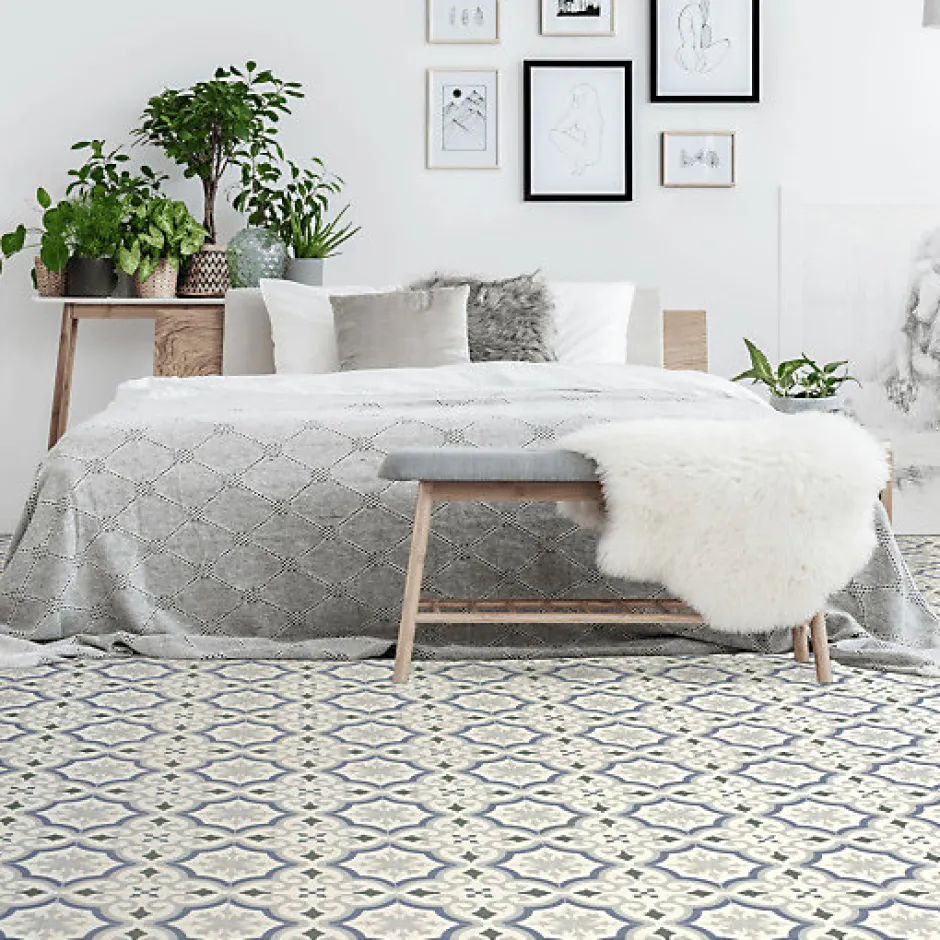 Décoweb Sol PVC Textile motif carreaux de ciment Bleu et gris - Rouleau de 4m x 4m