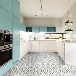 Décoweb Sol PVC Textile motif carreaux de ciment Bleu et gris - Rouleau de 4m x 4m