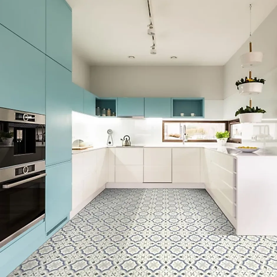 Décoweb Sol PVC Textile motif carreaux de ciment Bleu et gris - Rouleau de 4m x 4m