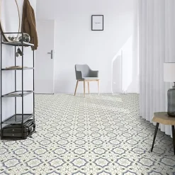 Décoweb Sol PVC Textile motif carreaux de ciment Bleu et gris - Rouleau de 4m x 4m