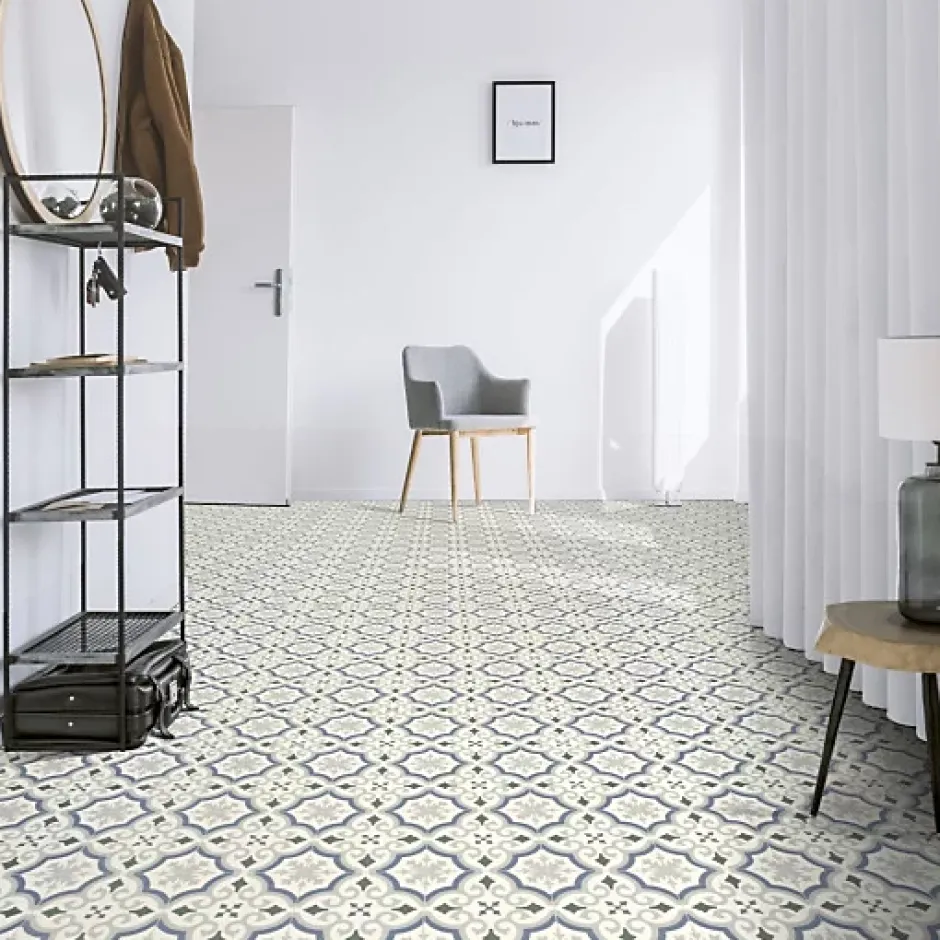 Décoweb Sol PVC Textile motif carreaux de ciment Bleu et gris - Rouleau de 4m x 4m