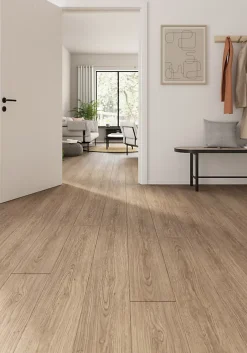 Sol stratifié Bryce , passage intense AC5, effet chêne miel, L.129,2cm x l.19,3cm ép.8 mm, résistant à l'eau-GoodHome Clearance