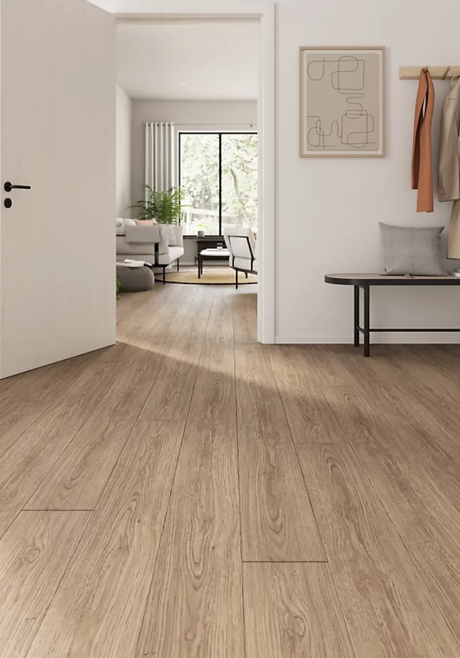 Sol stratifié Bryce , passage intense AC5, effet chêne miel, L.129,2cm x l.19,3cm ép.8 mm, résistant à l'eau-GoodHome Clearance