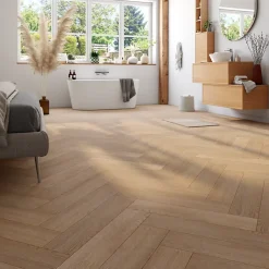 Sol stratifié Cajun bâton rompu, passage intense AC5, effet chêne, L.64,4 cm x l.12,2 cm x ép.8 mm, résistant à l'eau- Clearance