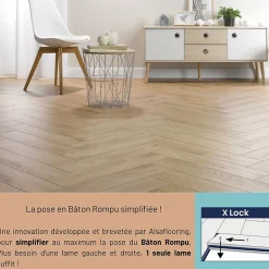 Sol stratifié Cajun bâton rompu, passage intense AC5, effet chêne, L.64,4 cm x l.12,2 cm x ép.8 mm, résistant à l'eau- Clearance