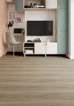 GoodHome Sol stratifié Clancy , passage élevé AC4, effet chêne gris taupe, L.129,2 cm x l.19,3 cm x ép.8 mm