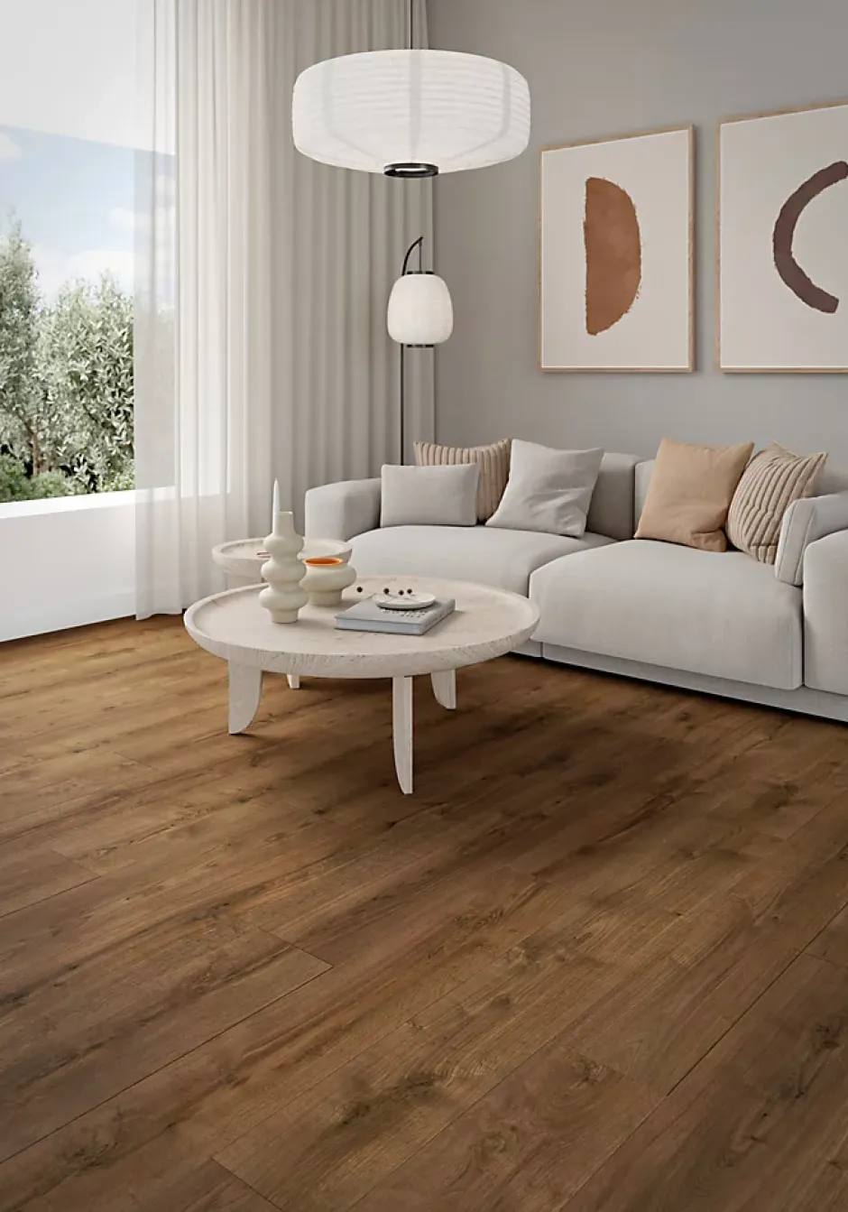 GoodHome Sol stratifié Collville , passage intense AC5, effet chêne brun foncé, L.129 cm x l.19,3 cm x ép.8 mm, résistant à l'eau