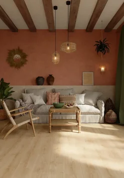 GoodHome Sol stratifié Colville , passage intense AC5, effet chêne blond, L.129 cm x l.19,3 cm x ép.8 mm, résistant à l'eau