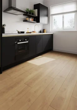 GoodHome Sol stratifié Corduff , passage élevé AC4, effet chêne blond, L.128,5 cm x l.19,2 cm x ép.8 mm, résistant à l'eau