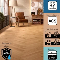 Sol stratifié Dorado bâton rompu , passage intense AC5, effet chêne blond, L.64,4 cm x l.14,3 cm x ép.8 mm, résistant à l'eau-Homflor New