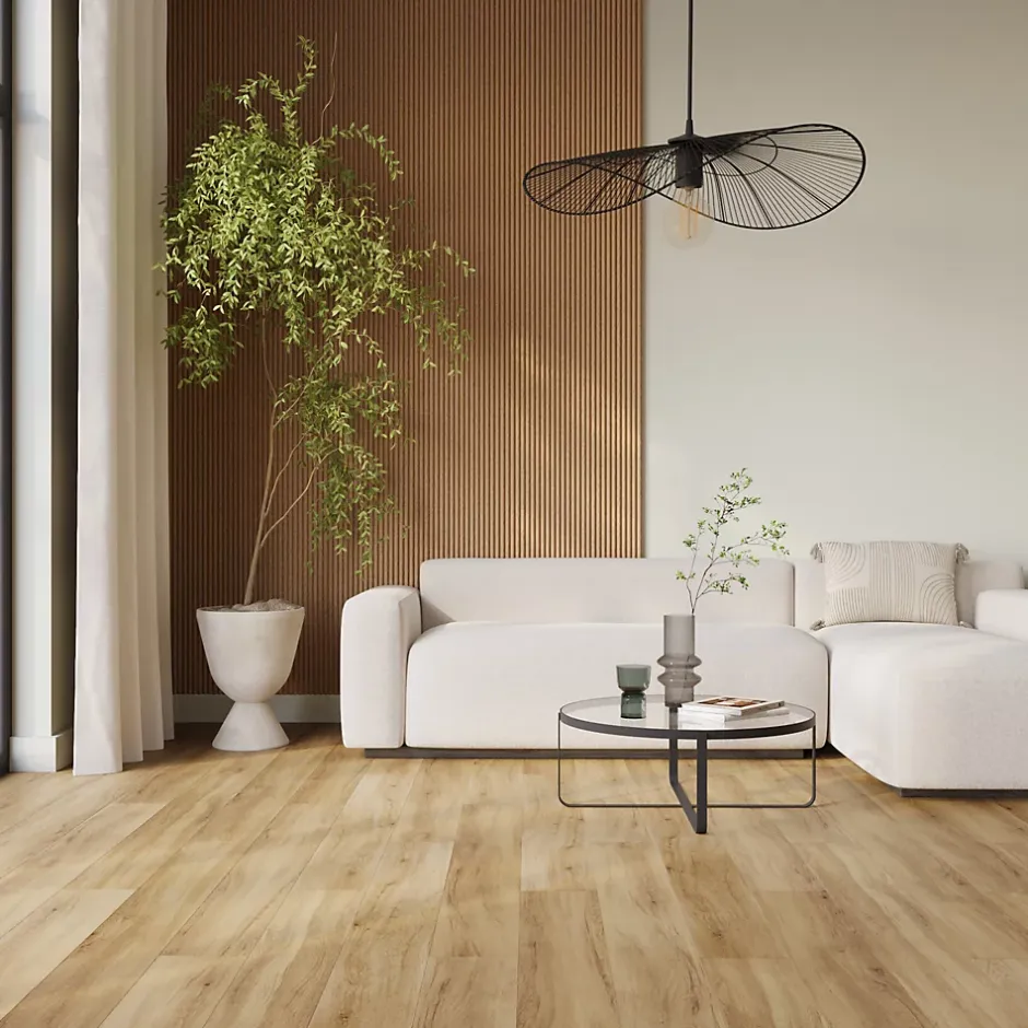 Sol stratifié effet chêne blond passage élevé AC4 L.138,3 x l.19,3 cm x ép.8 mm, Towcester-GoodHome Online