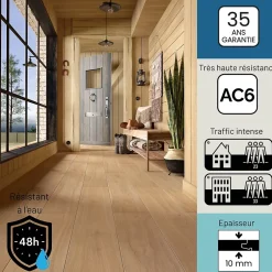 Sol stratifié Hickory yellowstone , passage extrême AC6, effet bois Hickory blond, L.128,6 cm x l.21,4 cm x ép.10 mm, résistant à l'eau-Homflor Clearance