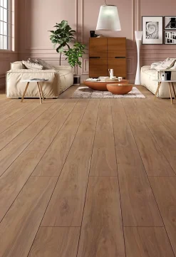 Sol stratifié Hicory carya , passage extrême AC6, effet bois Hickory brun, L.128,6 cm x l.21,4 cm x ép.10 mm, résistant à l'eau-Homflor Clearance