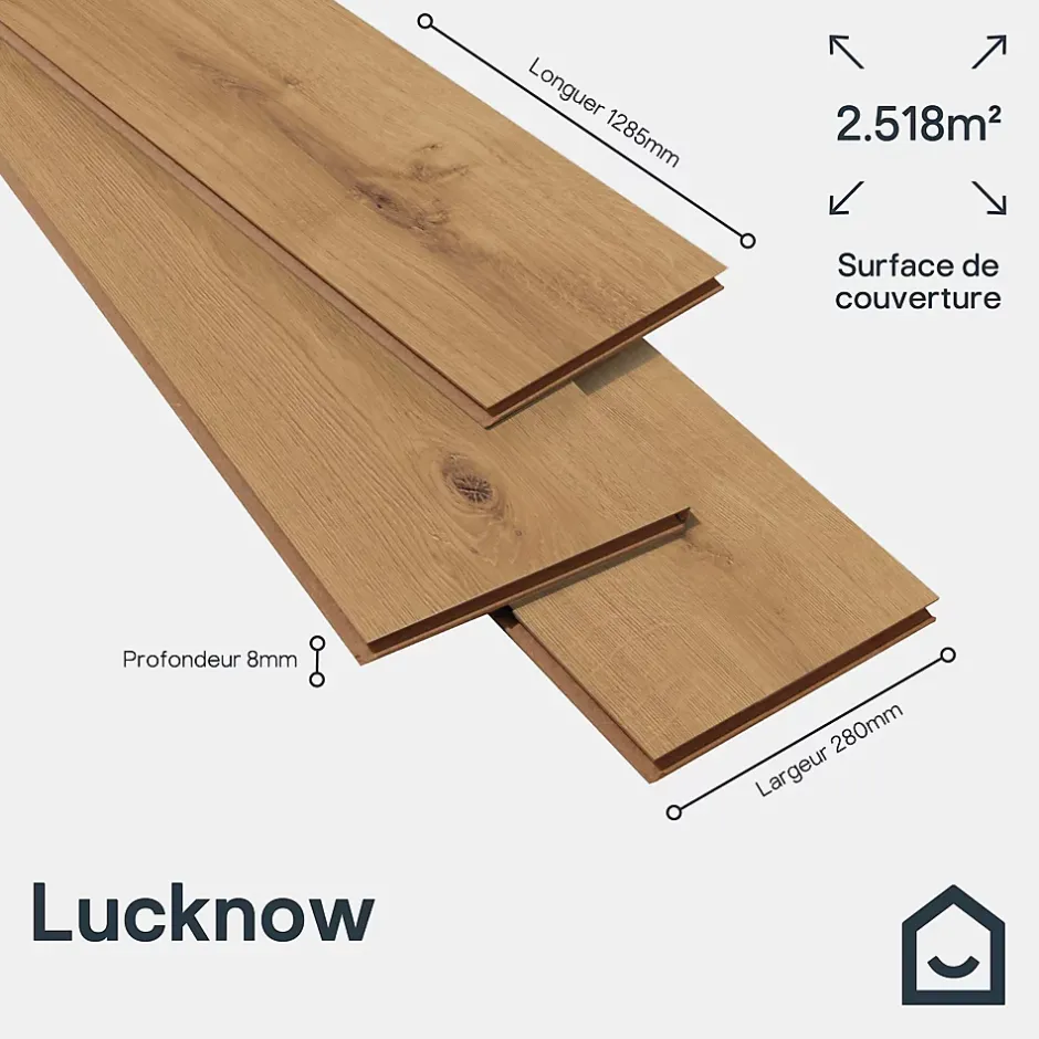 GoodHome Sol stratifié Lucknow , passage intense AC5, effet chêne, L.128,5 cm x l.28 cm x ép.8 mm, résistant à l'eau