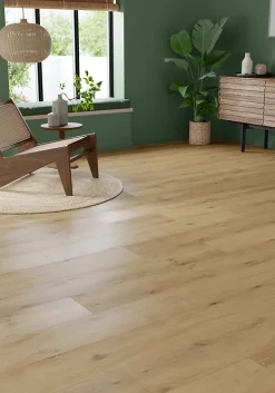 GoodHome Sol stratifié Lulea , passage élevé AC4, effet chêne blond, L.129,2 cm x l.19,3 cm x ép.8 mm