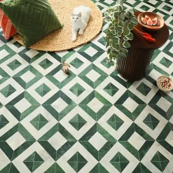 Décoweb Sol vinyle - effet Losanges marbre Blanc et vert - Rouleau de 4m x 2m