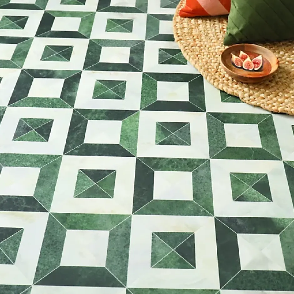 Décoweb Sol vinyle - effet Losanges marbre Blanc et vert - Rouleau de 4m x 2m