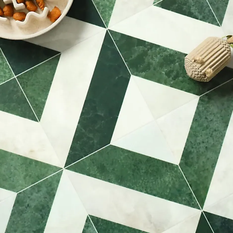 Décoweb Sol vinyle - effet Losanges marbre Blanc et vert - Rouleau de 4m x 2m