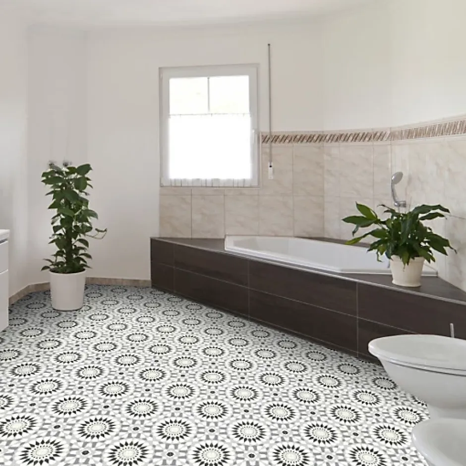 Décoweb Sol Vinyle Carreaux de ciment mosaïque noir - Rouleau de 3m x 2m