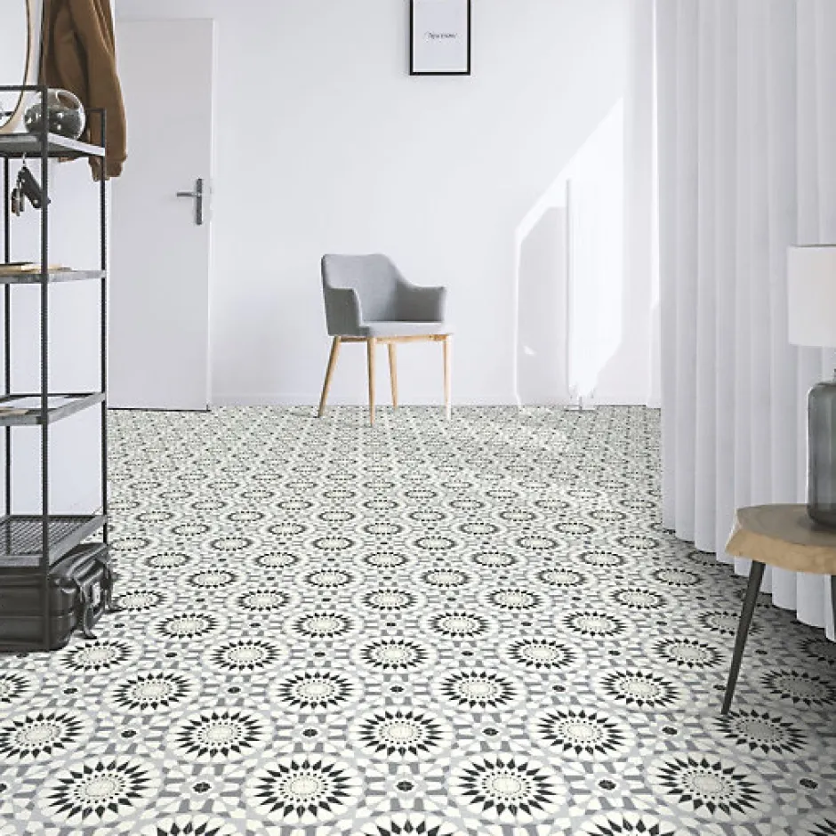 Décoweb Sol Vinyle Carreaux de ciment mosaïque noir - Rouleau de 3m x 2m