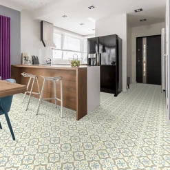 Sol Vinyle effet carreaux de ciment Bleu et ocre - Rouleau de 3m x 3m-Décoweb New