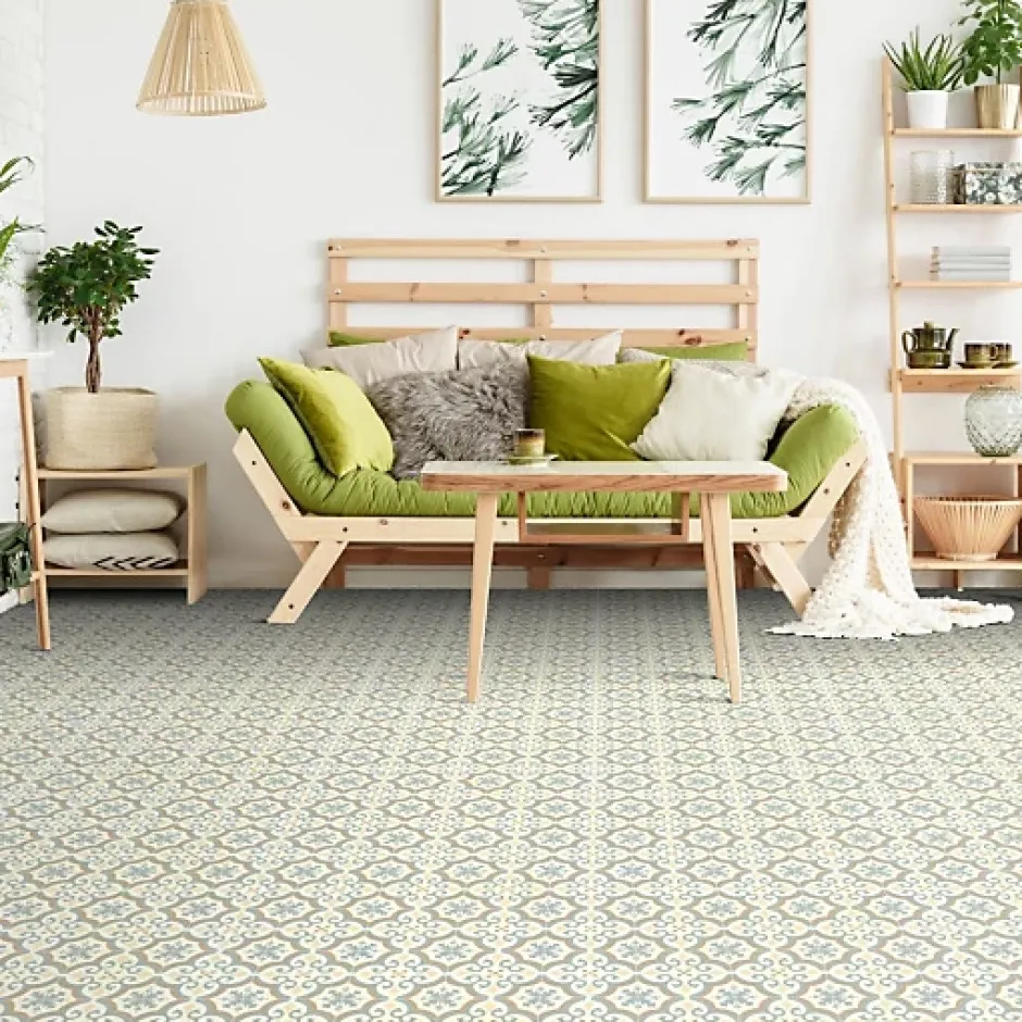 Sol Vinyle effet carreaux de ciment Bleu et ocre - Rouleau de 3m x 3m-Décoweb New