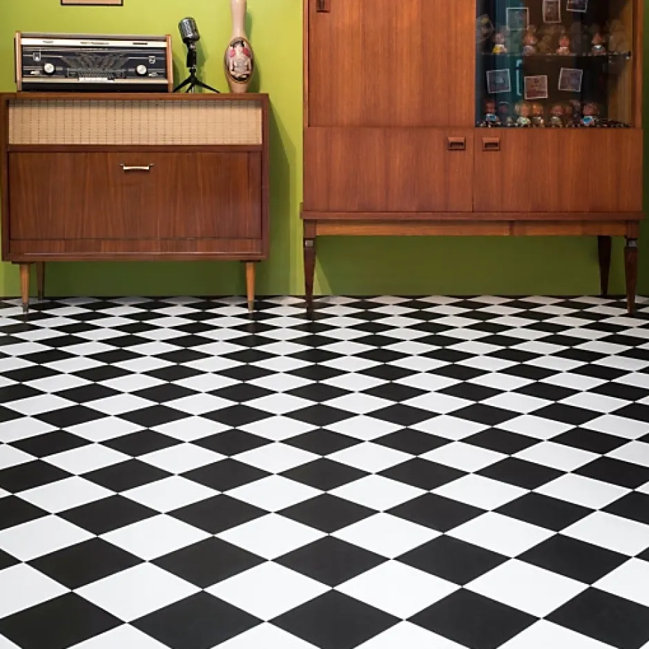 Décoweb Sol Vinyle effet damier diagonal Noir et blanc - Rouleau de 3m x 3m