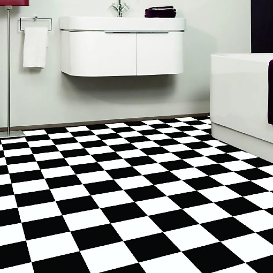 Sol vinyle effet damier noir & blanc - Rouleau de 2m x 2m-Décoweb