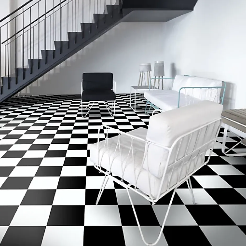 Sol vinyle effet damier noir & blanc - Rouleau de 2m x 2m-Décoweb