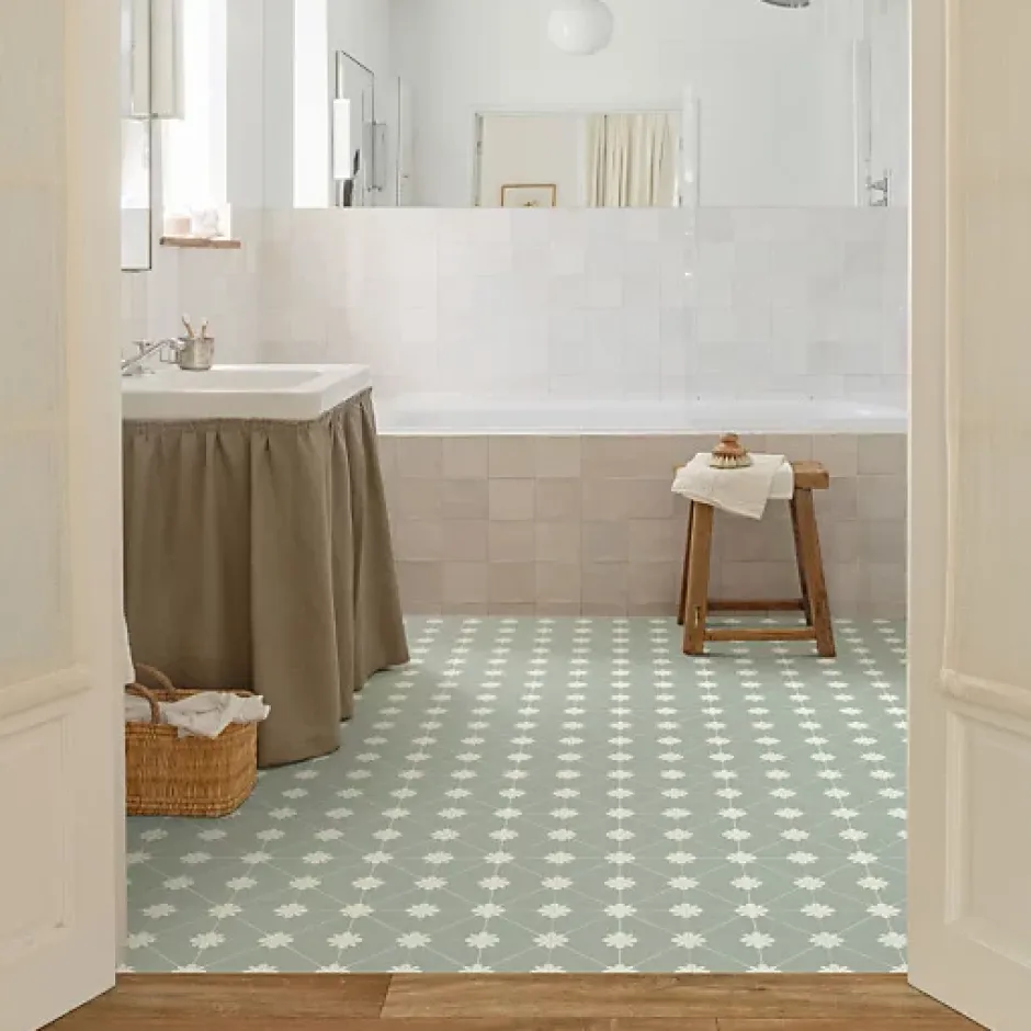 Sol Vinyle Textile - Aspect carreaux vert sauge - Rouleau de 4m x 7m-Décoweb Online