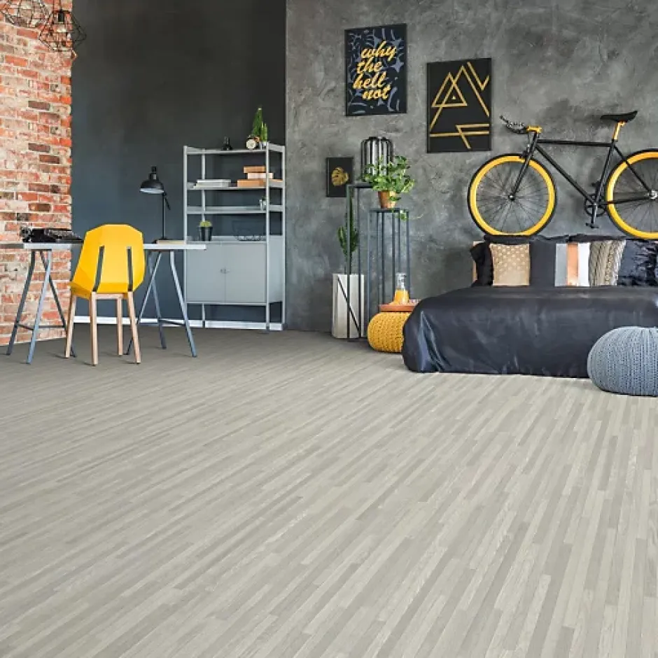 Décoweb Sol vinyle Textile - effet parquet lames étroites grises - Rouleau de 4m x 6m