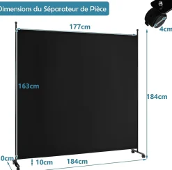 Séparateur de Pièce 184 x 184 cm, Paravent de Confidentialité sur roulettes, Paravent Autoportant pour Salon, Chambre, Noir-Giantex Best