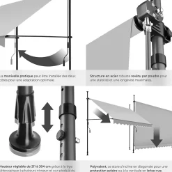 Tectake Store à pince sans perçage avec Manivelle Réglable en hauteur 211 - 304 cm gris clair