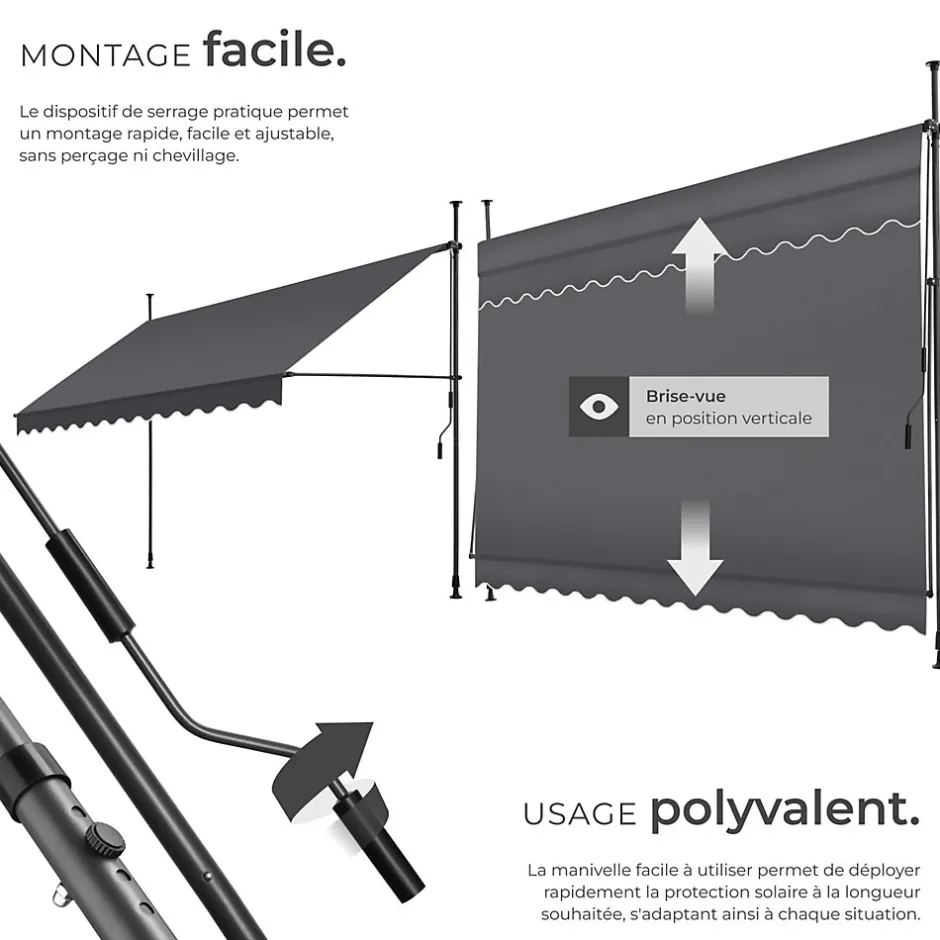 Tectake Store à pince sans perçage en polyester 350 x 180 cm gris