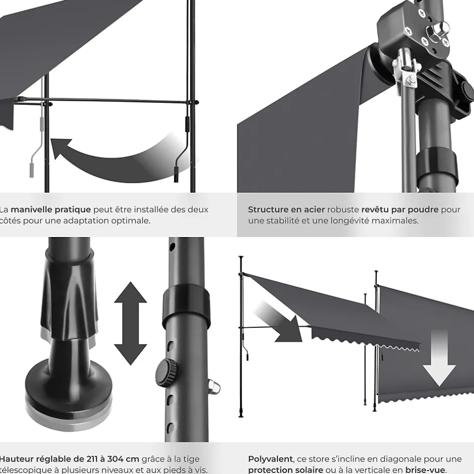 Tectake Store à pince sans perçage en polyester 350 x 180 cm gris