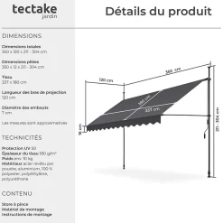 Tectake Store à pince sans perçage en polyester 350 x 180 cm gris