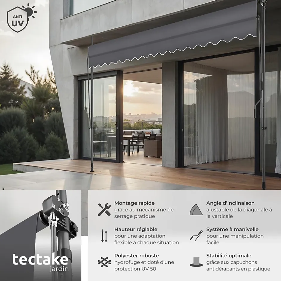 Store à pince sans perçage avec Manivelle Réglable en hauteur 211 - 304 cm noir/gris-Tectake Sale