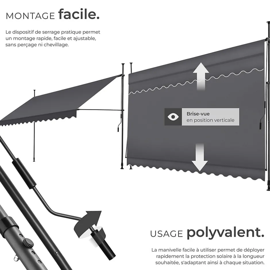 Store à pince sans perçage avec Manivelle Réglable en hauteur 211 - 304 cm noir/gris-Tectake Sale