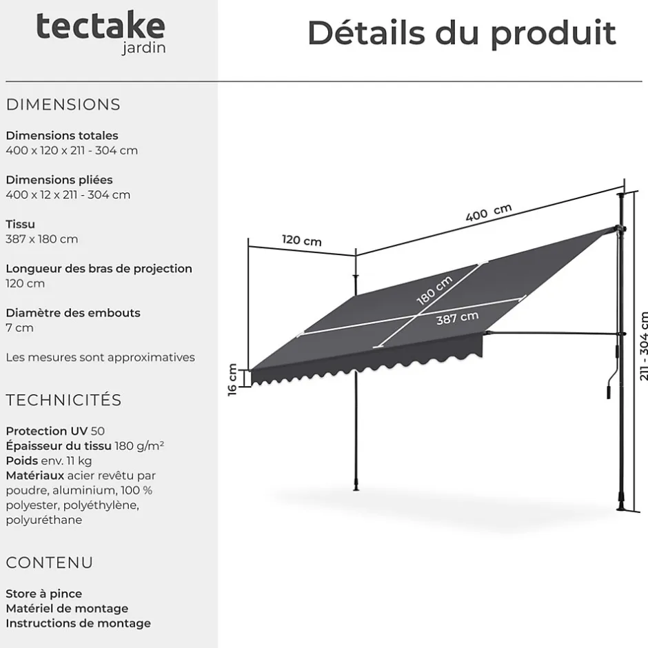 Store à pince sans perçage avec Manivelle Réglable en hauteur 211 - 304 cm noir/gris-Tectake Sale
