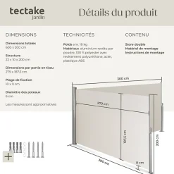 Store latéral double 160 x 600 cm en Aluminium beige-Tectake