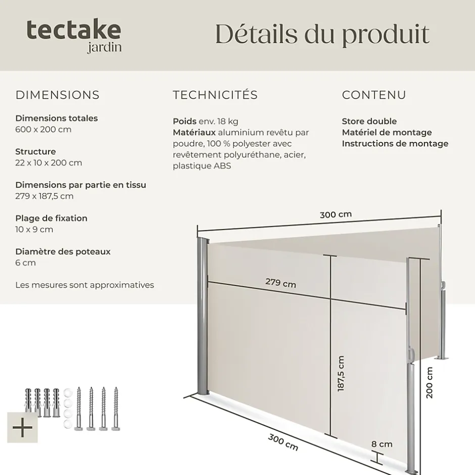 Store latéral double 160 x 600 cm en Aluminium beige-Tectake