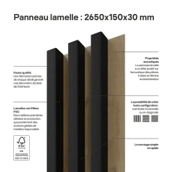 Stegu Tasseau décoratif lambris lamelles Linea Slim Black MDF noir et chêne 15 x 265 cm, ép. 30mm
