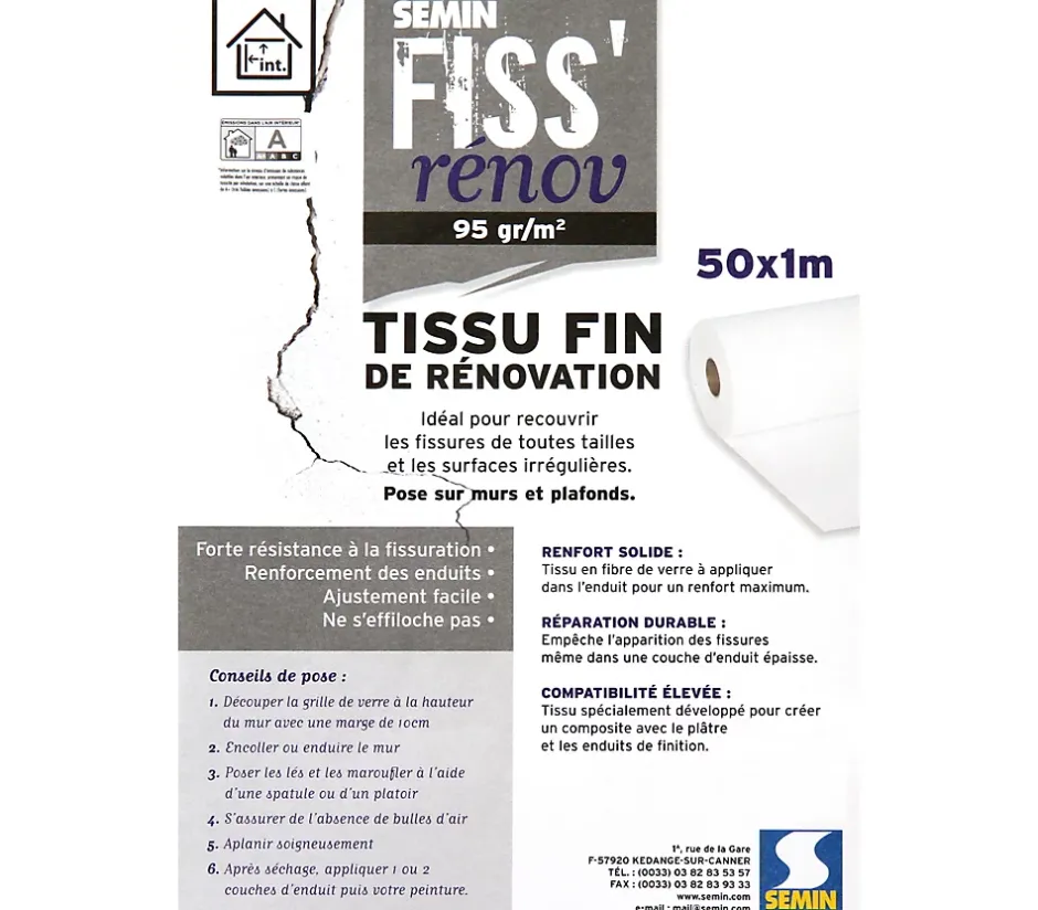 Tissu de rénovation - Fiss Renov - Résiste contre les fissurations - Rouleau de 50 x 1 m-Semin