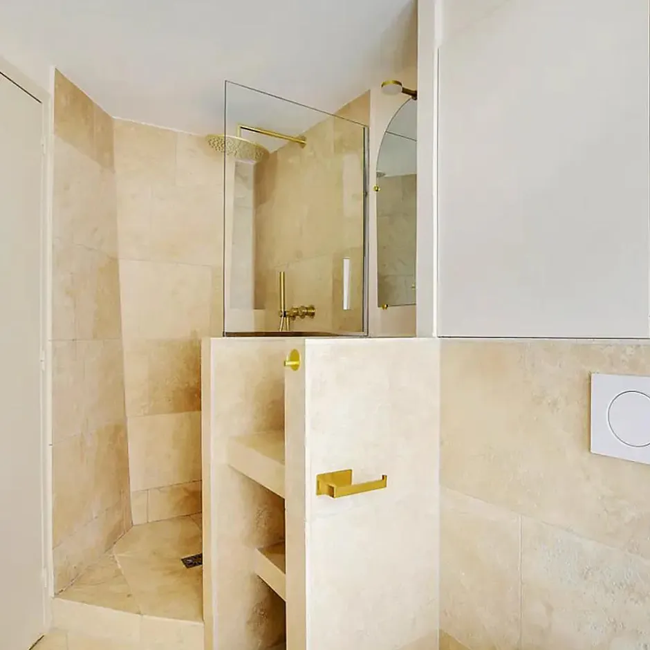 Ligerio Travertin pierre naturelle mur/sol premier choix clair PREMIUM format Opus Romain Ep. 1,2cm - Vendu en lot de 0.74m²